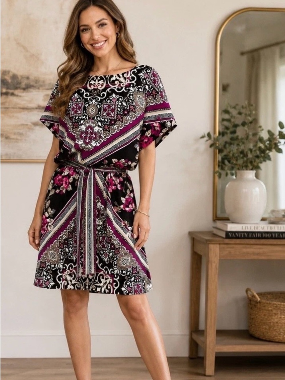 White House Black Market Black and Magenta Patterned Midi Dress